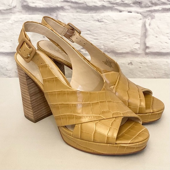 Vince Camuto 9 Javasan Caramel Croc Leather Women’s Sandals Heels Chunky Shoes - Picture 3 of 13